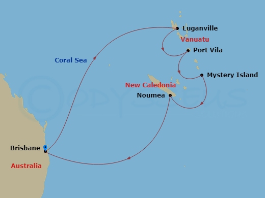 RCL Voyager of the Seas - 9 Night - South Pacific Cruise - RCL Voyager of the Seas - Starting in Brisbane, Australia, Luganville, Vanuatu, Vila, Vanuatu, Mystery Island, Vanuatu, Noume.. itinerary map