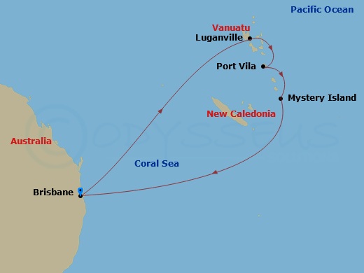 RCL Voyager of the Seas - 8 Night - South Pacific Holiday Cruise - RCL Voyager of the Seas - Starting in Brisbane, Australia, Luganville, Vanuatu, Vila, Vanuatu, Mystery Island, Vanuat.. itinerary map