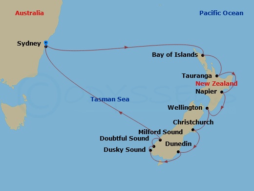 RCL Anthem of the Seas - 12 Night - New Zealand Cruise - RCL Anthem of the Seas - Starting in Sydney AU, Bay of Islands, New Zealand, Tauranga, New Zealand, Napier, New Zealand, Welli.. itinerary map