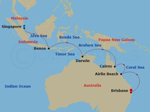RCL Voyager of the Seas - 12 Night - Singapore to Brisbane Cruise - RCL Voyager of the Seas - Starting in Singapore, Benoa, Bali, Indonesia, Darwin, Australia, Cairns (Yorkeys Knob), A.. itinerary map