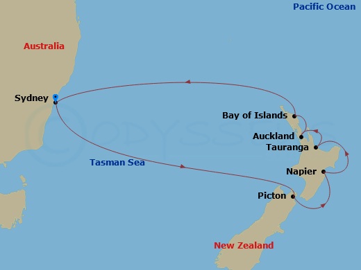RCL Anthem of the Seas - 10 Night - New Zealand Cruise - RCL Anthem of the Seas - Starting in Sydney AU, Picton, New Zealand, Napier, New Zealand, Tauranga, New Zealand, Auckland, New.. itinerary map