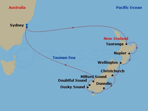RCL Anthem of the Seas - 12 Night - New Zealand Cruise - RCL Anthem of the Seas - Starting in Sydney AU, Milford Sound, New Zealand, Doubtful Sound, Dusky Sound, Dunedin, New Zealand,.. itinerary map
