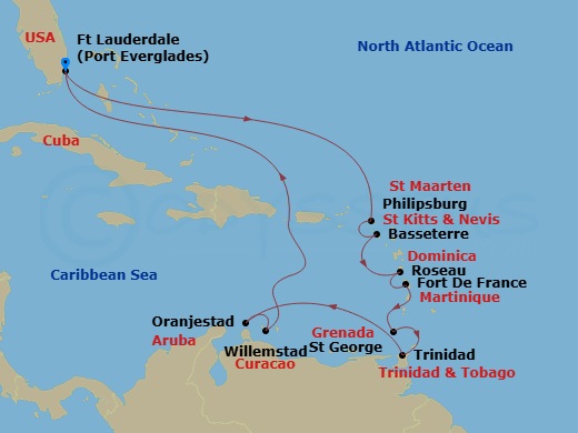 Coral Princess - 14 Night - Circle Caribbean - Coral Princess - Starting in Fort Lauderdale, Florida, St Maarten, St Kitts, Dominica, Martinique, Grenada, Trinidad, Trinidad a.. itinerary map