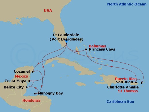 Majestic Princess - 14 Night - Eastern / Western Caribbean Adventurer - Majestic Princess - Starting in Fort Lauderdale, Florida, Cozumel, Mexico, Roatan (Mahogany Bay, Honduras).. itinerary map