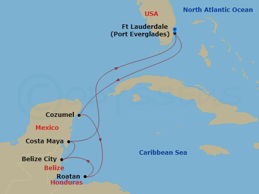 Majestic Princess - 7 Night - Western Caribbean with Mexico - Majestic Princess - Starting in Fort Lauderdale, Florida, Cozumel, Mexico, Roatan (Mahogany Bay, Honduras), Belize C.. itinerary map
