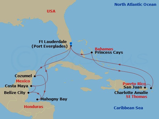 Majestic Princess - 14 Night - Eastern / Western Caribbean Adventurer - Majestic Princess - Starting in Fort Lauderdale, Florida, Princess Cays, Bahamas, San Juan, Puerto Rico, S.. itinerary map