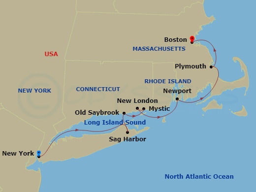 American Patriot - 7 Night - Yankee Seaports Cruise - American Patriot - Starting in New York, NY, Sag Harbor, NY, Old Saybrook, CT, New London / Mystic, CT, Newport, Ri, Day of.. itinerary map