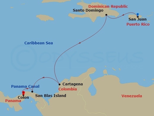 Star Pride - 6 Night - The Spanish Main : Rise of the New World - Star Pride - Starting in San Juan, Santo Domingo, Cartagena CO, San Blas, Panama, Colon itinerary map