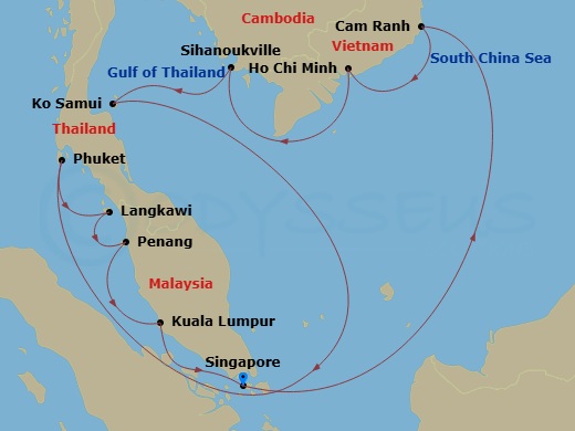 Diamond Princess - 14 Night - Malaysia, Thailand & Vietnam - Diamond Princess - Starting in Singapore, Cam Ranh (Nha Trang), Vietnam, Ho Chi Minh City (Phu My), Vietnam, Sihanou.. itinerary map