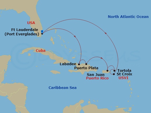 Celebrity Summit - 9 Night - Eastern Caribbean Holiday - Celebrity Summit - Starting in Fort Lauderdale, Florida, Puerto Plata, Dominican Republic, San Juan, Puerto Rico, Philip.. itinerary map