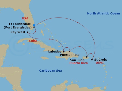 Celebrity Summit - 9 Night - Eastern Caribbean Holiday - Celebrity Summit - Starting in Fort Lauderdale, Florida, Key West, Florida, Puerto Plata, Dominican Republic, San Juan,.. itinerary map