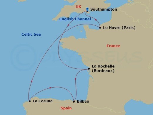 MSC Virtuosa - 7 Night - Northern Europe - MSC Virtuosa - Starting in Southampton (London), United Kingdom, La Rochelle, France, Bilbao, Spain, La Coruna (Santiago De Compos.. itinerary map