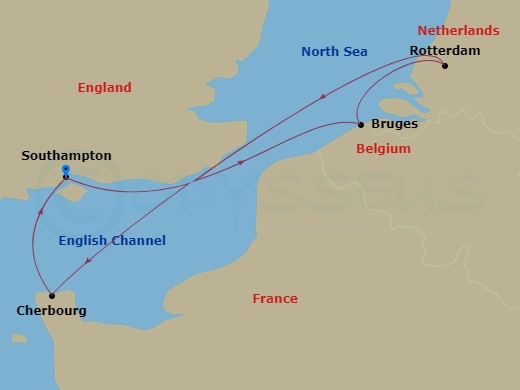 MSC Virtuosa - 5 Night - Northern Europe - MSC Virtuosa - Starting in Southampton (London), United Kingdom, Zeebrugge (Bruges), Belgium, Rotterdam (Amsterdam), Netherlands,.. itinerary map