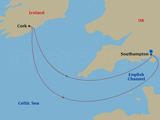 MSC Virtuosa - 4 Night - Sou - MSC Virtuosa - Starting in Southampton (London), United Kingdom, Cork, Ireland, Southampton (London), United Kingdom itinerary map