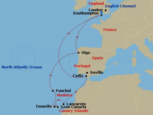 MSC Virtuosa - 12 Night - Sou - MSC Virtuosa - Starting in Southampton (London), United Kingdom, Vigo (Santiago De Compostela), Spain, Funchal (Madeira Islands), Portugal, L.. itinerary map