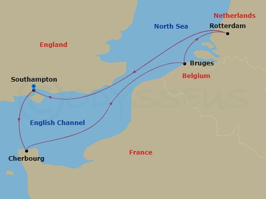 MSC Virtuosa - 5 Night - Northern Europe - MSC Virtuosa - Starting in Southampton (London), United Kingdom, Cherbourg (Mont Saint-Michel), France, Zeebrugge (Bruges), Belgiu.. itinerary map