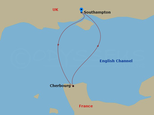 MSC Virtuosa - 2 Night - Northern Europe - MSC Virtuosa - Starting in Southampton (London), United Kingdom, Cherbourg (Mont Saint-Michel), France, Southampton (London), Unit.. itinerary map