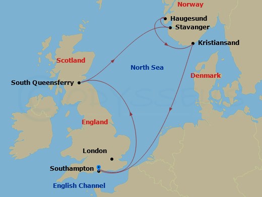 MSC Virtuosa - 7 Night - Northern Europe - MSC Virtuosa - Starting in Southampton (London), United Kingdom, South Queensferry (Edinburgh), United Kingdom, Stavanger (Lysefij.. itinerary map