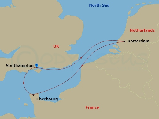 MSC Virtuosa - 5 Night - Northern Europe - MSC Virtuosa - Starting in Southampton (London), United Kingdom, Rotterdam (Amsterdam), Netherlands, Cherbourg (Mont Saint-Michel).. itinerary map