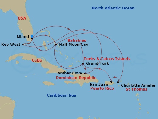 HAL Zuiderdam - 14 Night - Eastern Caribbean : Bahamas & San Juan - HAL Zuiderdam - Starting in Miami, Florida, Half Moon Cay, Bahamas, Grand Turk, Turks and Caicos, Amber Co.. itinerary map