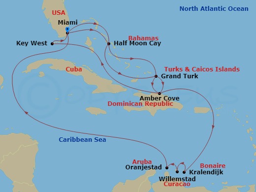 HAL Zuiderdam - 17 Night - Southern & Eastern Caribbean : Abc Islands & Bahamas - HAL Zuiderdam - Starting in Miami, Florida, Half Moon Cay, Bahamas, Grand Turk, Turks and Ca.. itinerary map