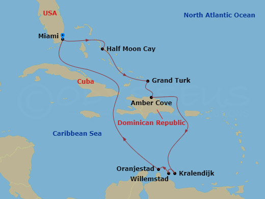 HAL Zuiderdam - 10 Night - Southern Caribbean : Amber Cove & Abc Islands - HAL Zuiderdam - Starting in Miami, Florida, Half Moon Cay, Bahamas, Grand Turk, Turks and Caicos, A.. itinerary map