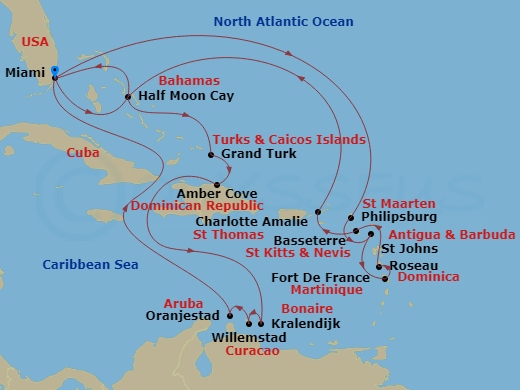 HAL Zuiderdam - 21 Night - Eastern & Southern Caribbean : Leeward & Abc Islands - HAL Zuiderdam - Starting in Miami, Florida, Philipsburg, Sint Maarten, St Johns AG, Antigua,.. itinerary map