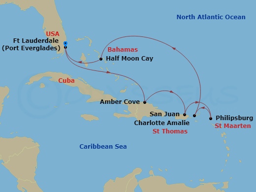HAL Koningsdam - 8 Night - Eastern Caribbean : Greater Antilles & Leeward Islands - HAL Koningsdam - Starting in Fort Lauderdale, Florida, Amber Cove, Dominican Republic, San.. itinerary map