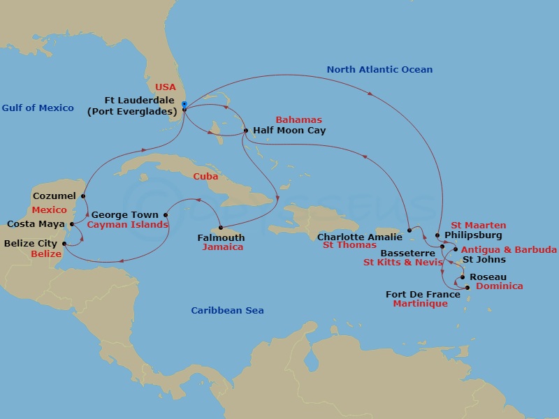 HAL Koningsdam - 21 Night - Eastern & Western Caribbean : Mexico - HAL Koningsdam - Starting in Fort Lauderdale, Florida, Half Moon Cay, Bahamas, St Thomas, US Virgin Islands,.. itinerary map