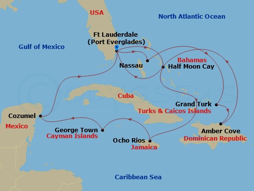 HAL Eurodam - 14 Night - Western / Eastern Caribbean : Bahamas & San Juan Holiday - HAL Eurodam - Starting in Fort Lauderdale, Florida, Half Moon Cay, Bahamas, Ocho Rios, J.. itinerary map