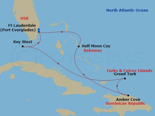 HAL Nieuw Statendam - 7 Night - Eastern Caribbean : Amber Cove & Bahamas - HAL Nieuw Statendam - Starting in Fort Lauderdale, Florida, Half Moon Cay, Bahamas, Amber Cove, Dominican.. itinerary map