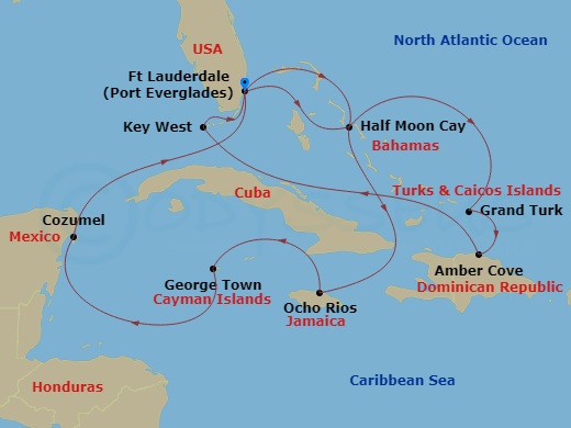 HAL Nieuw Statendam - 14 Night - Western & Eastern Caribbean : Mexico & Bahamas - HAL Nieuw Statendam - Starting in Fort Lauderdale, Florida, Half Moon Cay, Bahamas, Ocho Rios, Jam.. itinerary map
