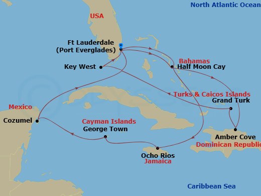 HAL Nieuw Statendam - 14 Night - Western & Eastern Caribbean : Mexico & Bahamas - HAL Nieuw Statendam - Starting in Fort Lauderdale, Florida, Half Moon Cay, Bahamas, Ocho Rios, Jam.. itinerary map