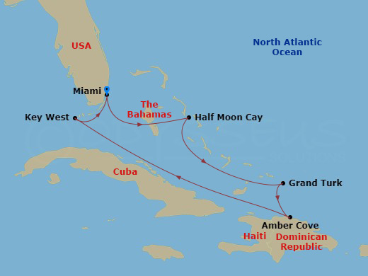 HAL Zuiderdam - 7 Night - Eastern Caribbean : Amber Cove & Bahamas - HAL Zuiderdam - Starting in Miami, Florida, Half Moon Cay, Bahamas, Grand Turk, Turks and Caicos, Amber C.. itinerary map