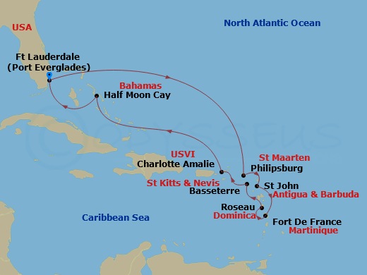 HAL Koningsdam - 11 Night - Eastern Caribbean : Windward & Leeward Islands - HAL Koningsdam - Starting in Fort Lauderdale, Florida, Half Moon Cay, Bahamas, St Thomas, US Virgi.. itinerary map