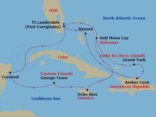 HAL Eurodam - 14 Night - Western & Eastern Caribbean : Bahamas - HAL Eurodam - Starting in Fort Lauderdale, Florida, Half Moon Cay, Bahamas, Ocho Rios, Jamaica, Georgetown,.. itinerary map