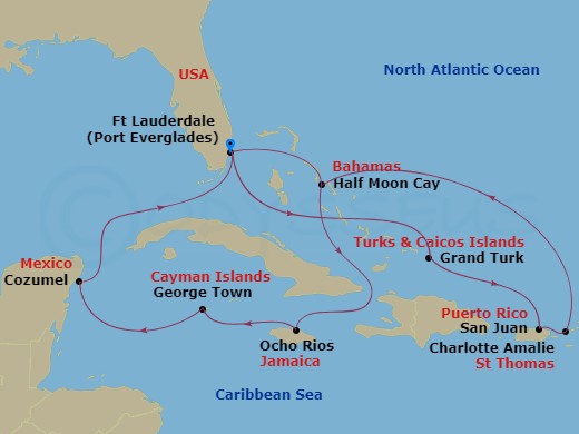 HAL Eurodam - 14 Night - Eastern & Western Caribbean : San Juan & Mexico - HAL Eurodam - Starting in Fort Lauderdale, Florida, Grand Turk, Turks and Caicos, San Juan, Puert.. itinerary map