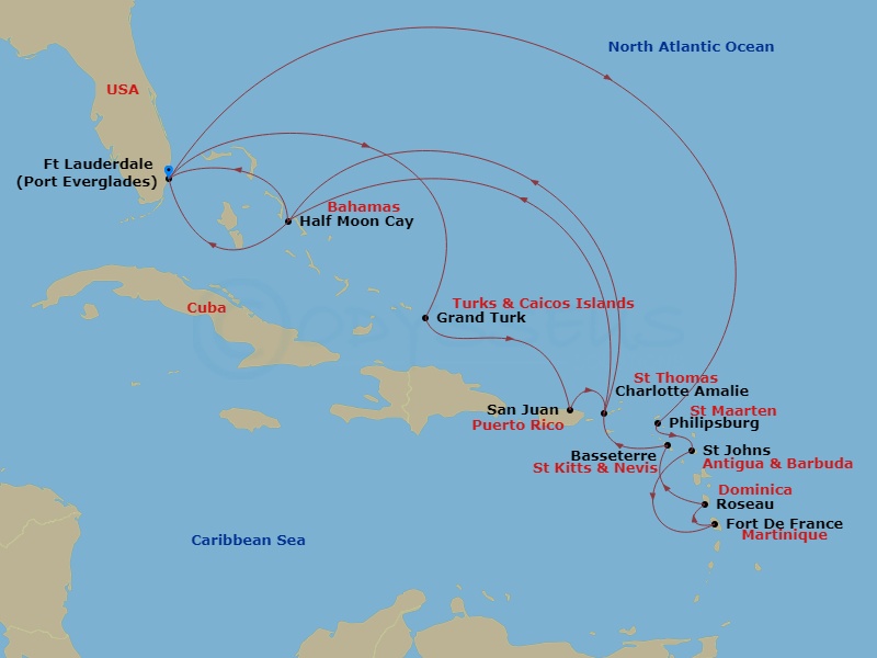 HAL Koningsdam - 18 Night - Eastern Caribbean : Bahamas & San Juan Holiday - HAL Koningsdam - Starting in Fort Lauderdale, Florida, Grand Turk, Turks and Caicos, San Juan, Pue.. itinerary map