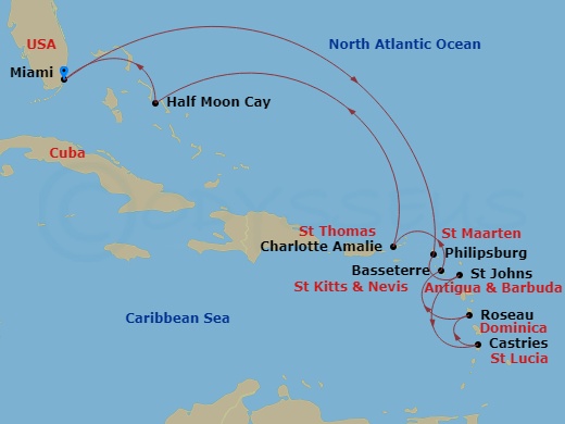HAL Zuiderdam - 11 Night - Eastern Caribbean : Windward & Leeward Islands Holiday - HAL Zuiderdam - Starting in Miami, Florida, Philipsburg, Sint Maarten, St Johns AG, Antigu.. itinerary map