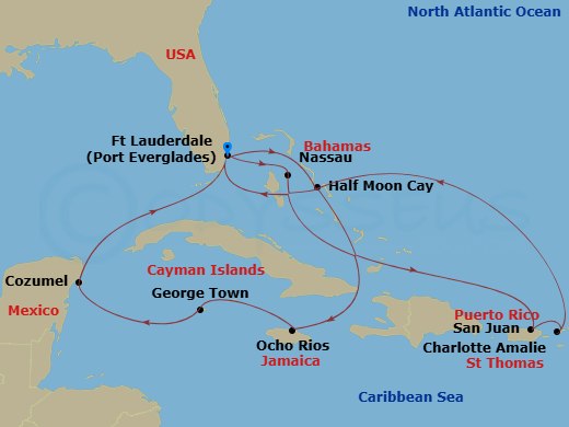 HAL Eurodam - 14 Night - Eastern / Western Caribbean : San Juan & Mexico Holiday - HAL Eurodam - Starting in Fort Lauderdale, Florida, Nassau, Bahamas, San Juan, Puerto Ric.. itinerary map