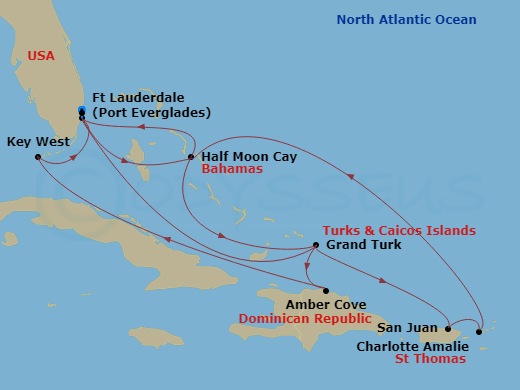 HAL Koningsdam - 14 Night - Eastern Caribbean : Bahamas & San Juan Holiday - HAL Koningsdam - Starting in Fort Lauderdale, Florida, Half Moon Cay, Bahamas, Grand Turk, Turks a.. itinerary map