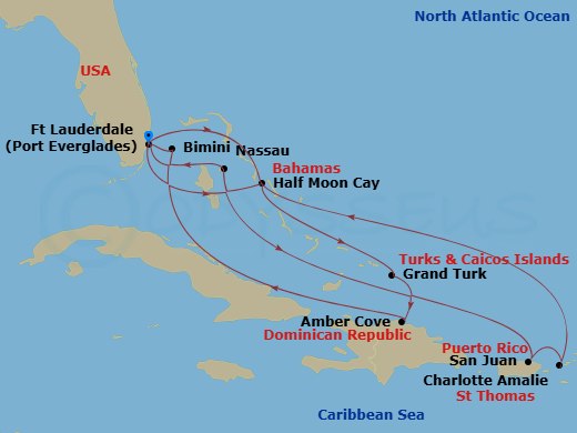 HAL Eurodam - 14 Night - Eastern Caribbean : Bahamas & San Juan Holiday - HAL Eurodam - Starting in Fort Lauderdale, Florida, Half Moon Cay, Bahamas, Grand Turk, Turks and.. itinerary map