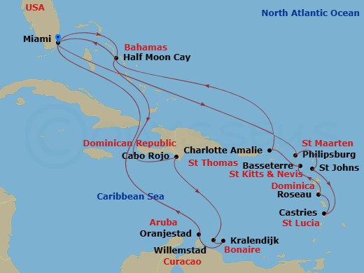 HAL Zuiderdam - 21 Night - Southern & Eastern Caribbean : Abc & Leeward Holiday - HAL Zuiderdam - Starting in Miami, Florida, Half Moon Cay, Bahamas, Cabo Rojo, Dominican Rep.. itinerary map