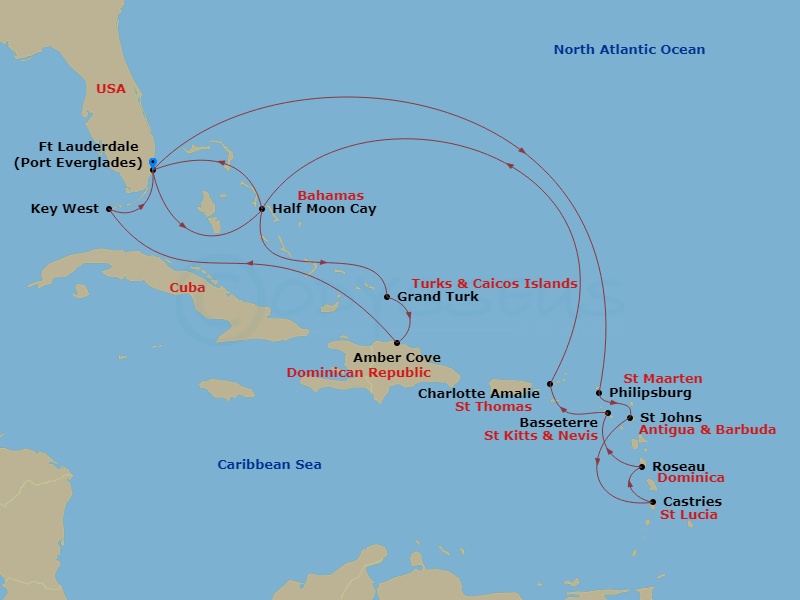 HAL Koningsdam - 18 Night - Eastern Caribbean : Leeward Islands & Bahamas Holiday - HAL Koningsdam - Starting in Fort Lauderdale, Florida, Philipsburg, Sint Maarten, St Johns.. itinerary map