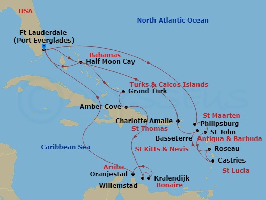HAL Koningsdam - 21 Night - Southern & Eastern Caribbean : Abc & Leeward Islands - HAL Koningsdam - Starting in Fort Lauderdale, Florida, Half Moon Cay, Bahamas, Grand Turk, T.. itinerary map