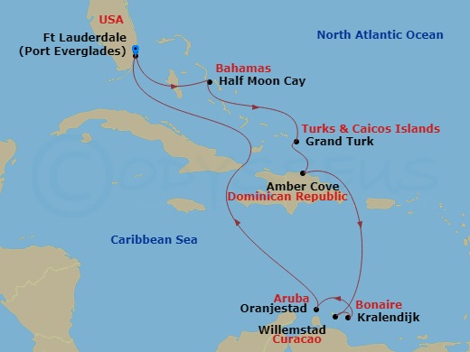 HAL Koningsdam - 10 Night - Southern Caribbean : Amber Cove & Abc Islands - HAL Koningsdam - Starting in Fort Lauderdale, Florida, Half Moon Cay, Bahamas, Grand Turk, Turks an.. itinerary map
