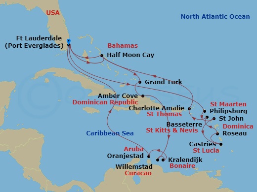 HAL Koningsdam - 21 Night - Eastern & Southern Caribbean : Leeward & Abc Islands - HAL Koningsdam - Starting in Fort Lauderdale, Florida, Philipsburg, Sint Maarten, St Johns A.. itinerary map