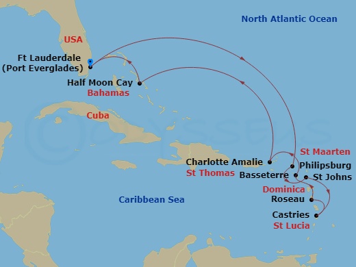 HAL Koningsdam - 11 Night - Eastern Caribbean : Windward & Leeward Islands - HAL Koningsdam - Starting in Fort Lauderdale, Florida, Philipsburg, Sint Maarten, St Johns AG, Ant.. itinerary map