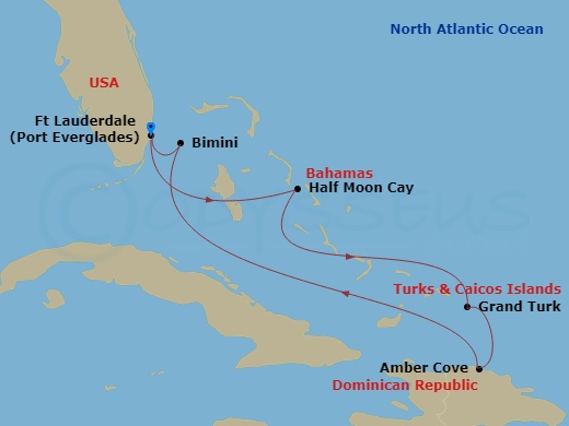 HAL Eurodam - 7 Night - Eastern Caribbean : Amber Cove & Bahamas - HAL Eurodam - Starting in Fort Lauderdale, Florida, Half Moon Cay, Bahamas, Grand Turk, Turks and Caicos,.. itinerary map