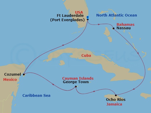 HAL Eurodam - 7 Night - Western Caribbean : Greater Antilles & Mexico - HAL Eurodam - Starting in Fort Lauderdale, Florida, Nassau, Bahamas, Ocho Rios, Jamaica, Georgetown,.. itinerary map